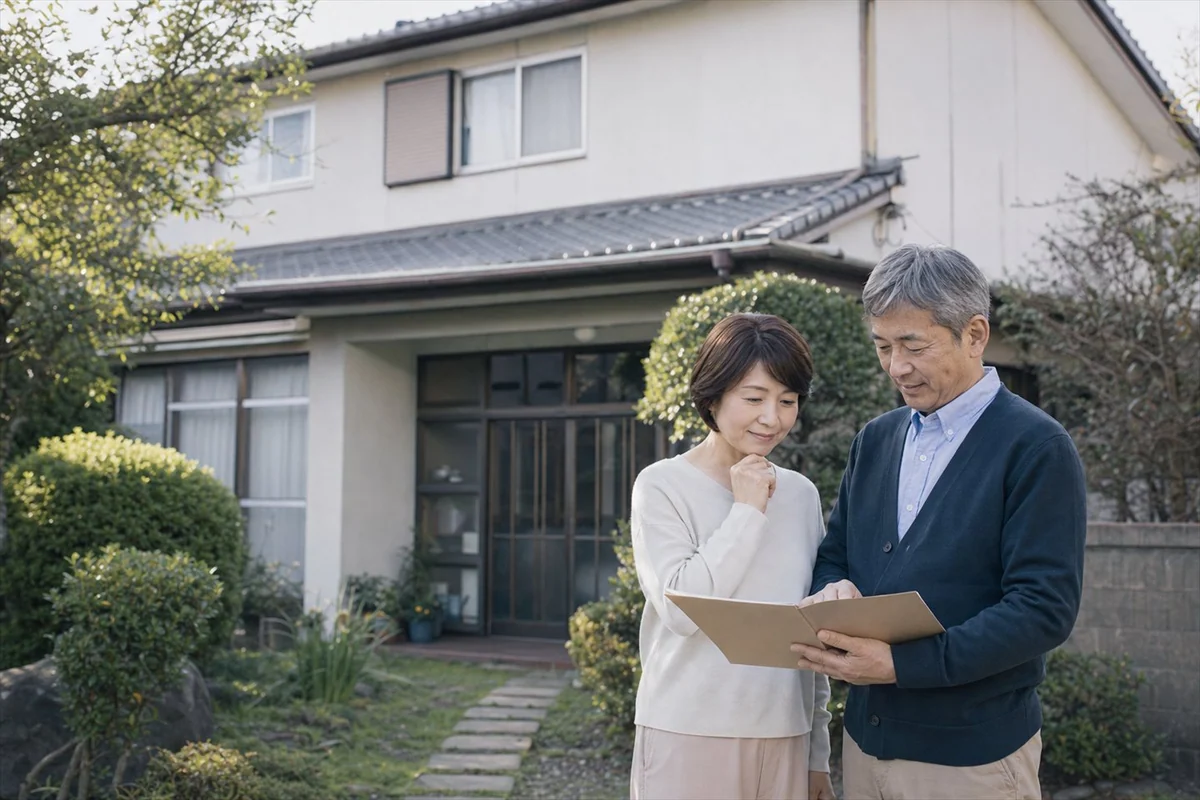 家の前で資料を一緒に確認する家族のイメージ